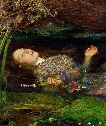 A close up on the face of John Everett Millais' 1852 painting of Ophelia